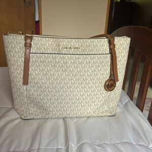 Michael Kors Cream and Tan Tote Bag with Signature MK Design